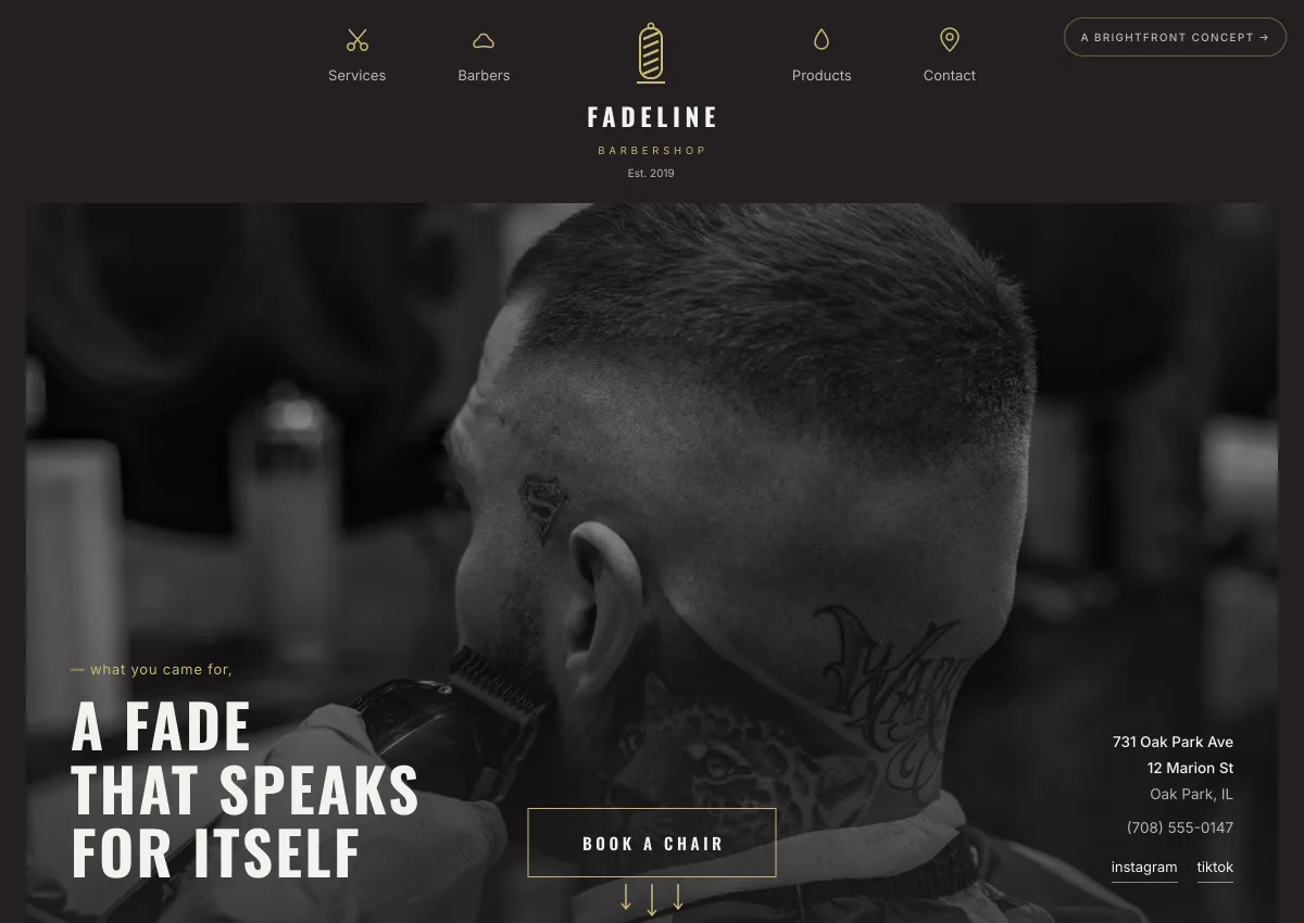 Fadeline Barbershop concept — duotone photo with gold accents, booking-first