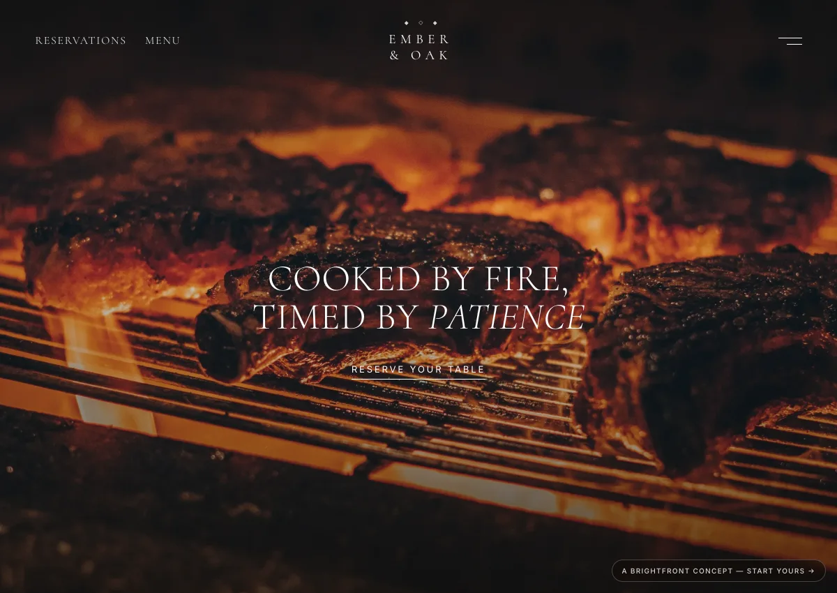 Ember & Oak concept — wood-fired restaurant hero over live-fire photography